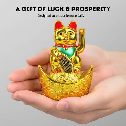 Golden Feng Shui Lucky Cat Maneki Neko Showpiece for Wealth & Good Luck Cute Vastu Waving Welcome Cat Idol for Positive Home Decor, Office Desk & Shop Cash Counter Gift