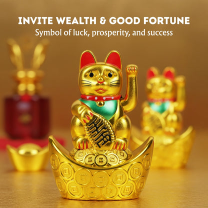 Golden Feng Shui Lucky Cat Maneki Neko Showpiece for Wealth & Good Luck Cute Vastu Waving Welcome Cat Idol for Positive Home Decor, Office Desk & Shop Cash Counter Gift