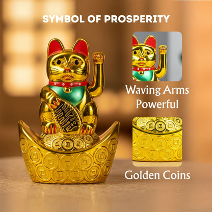 Golden Feng Shui Lucky Cat Maneki Neko Showpiece for Wealth & Good Luck Cute Vastu Waving Welcome Cat Idol for Positive Home Decor, Office Desk & Shop Cash Counter Gift