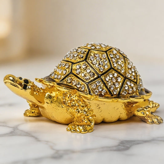 Golden Feng Shui bejeweled tortoise with crystal-studded shell on a marble surface