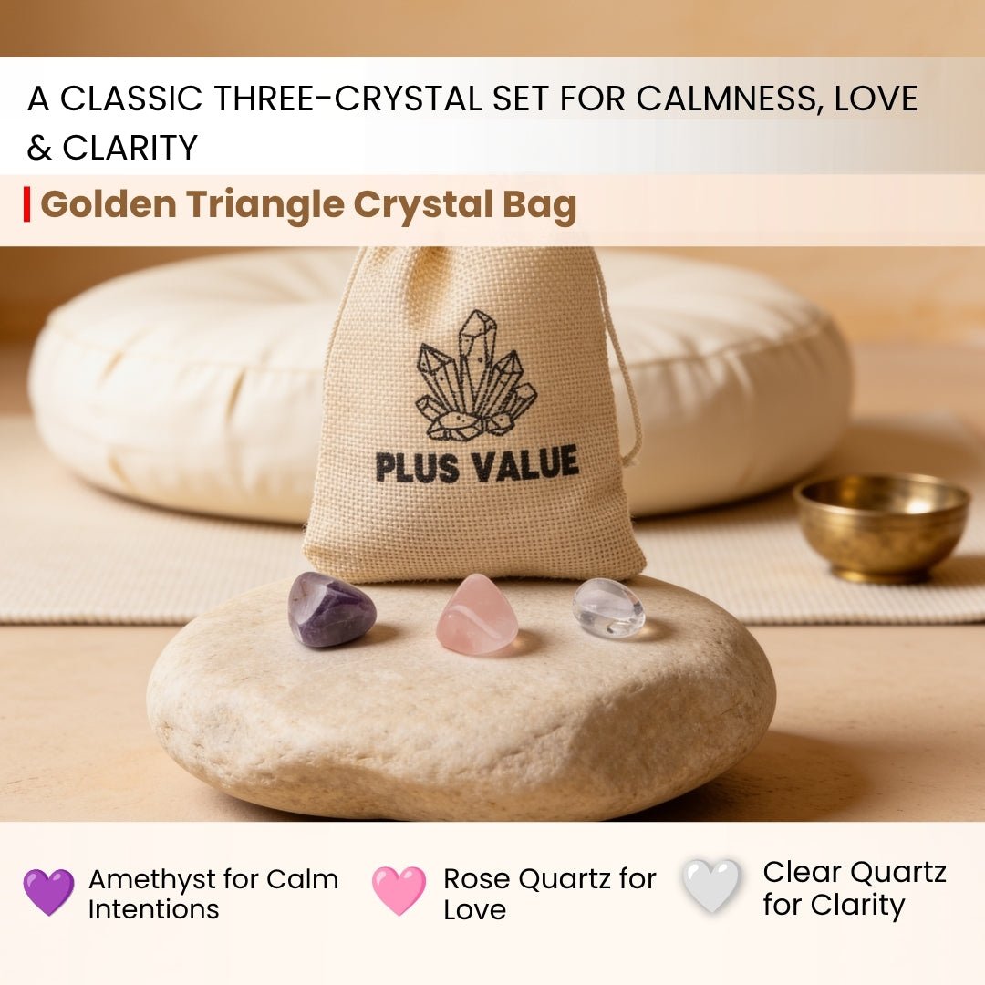 The sacred Golden Triangle healing crystal trio featuring Amethyst, Clear Quartz, and Rose Quartz