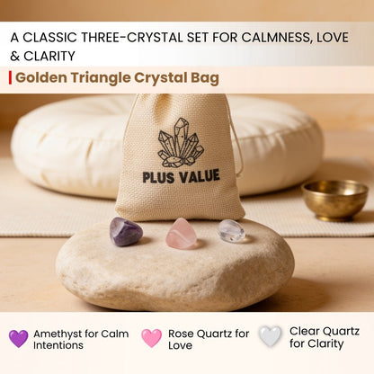 The sacred Golden Triangle healing crystal trio featuring Amethyst, Clear Quartz, and Rose Quartz