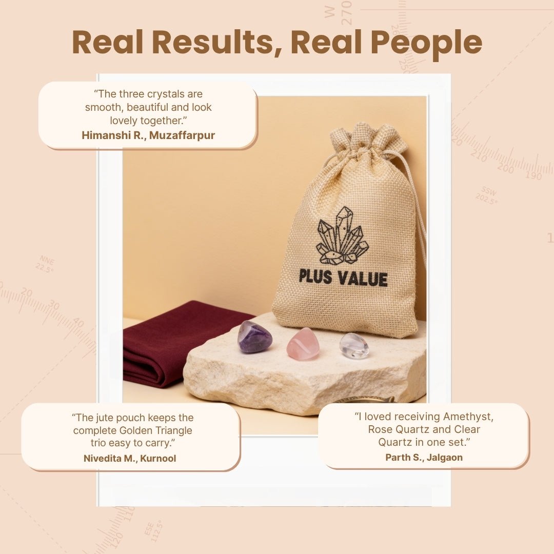 Natural drawstring travel pouch with Golden Triangle crystal stones packed for daily carry