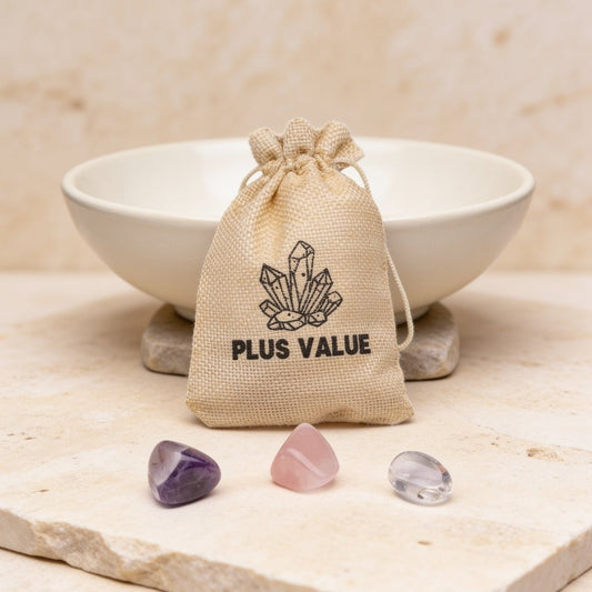 Golden Triangle crystal bag set with Amethyst, Rose Quartz, Clear Quartz, and carry pouch