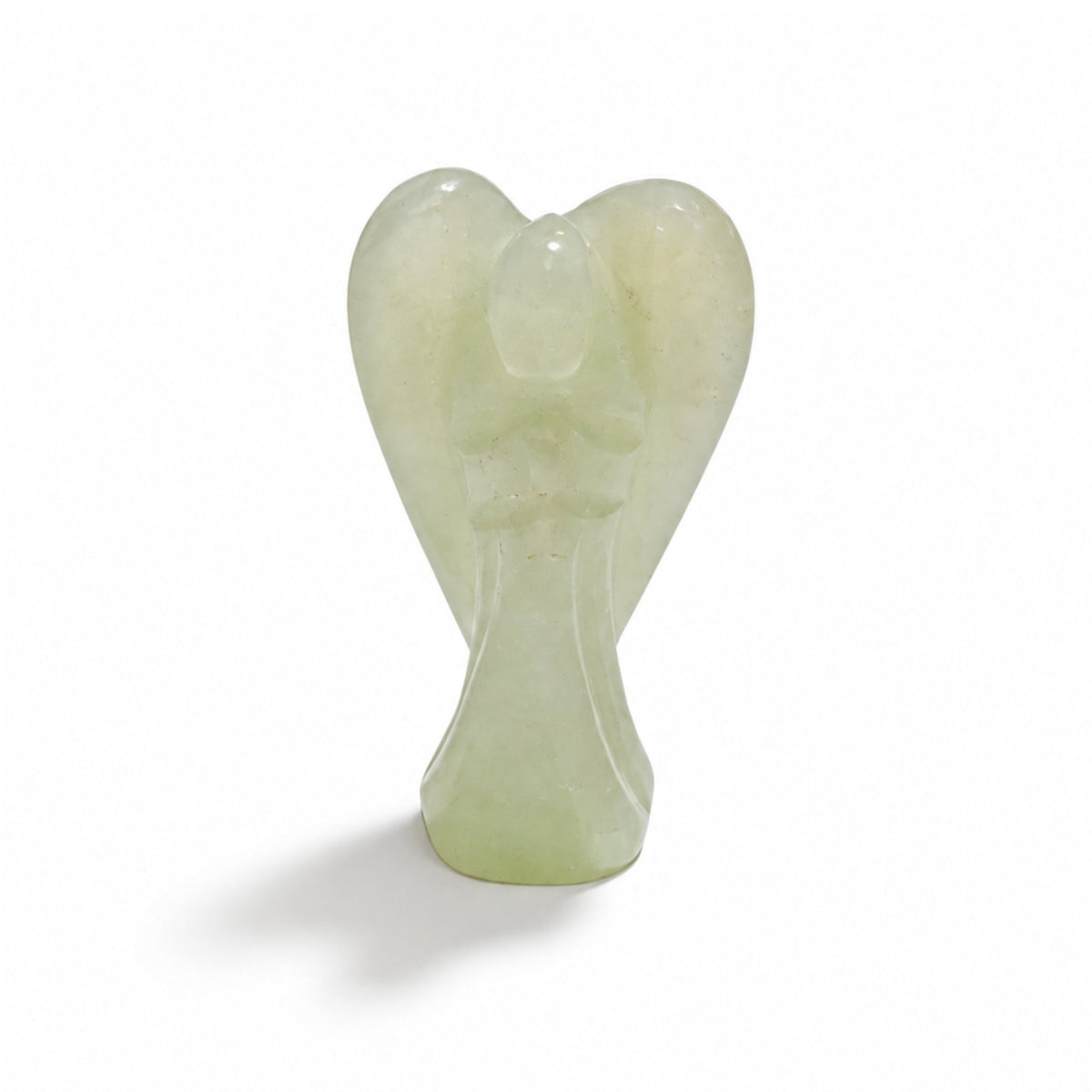 Close-up of polished Green Aventurine showing delicate wing feather carvings, soft translucent jade-green hue, and natural shimmering mica flecks