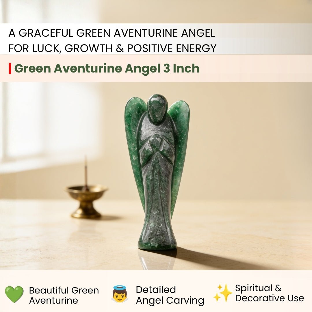 Close-up of delicate wing carvings and polished contours of Green Aventurine angel