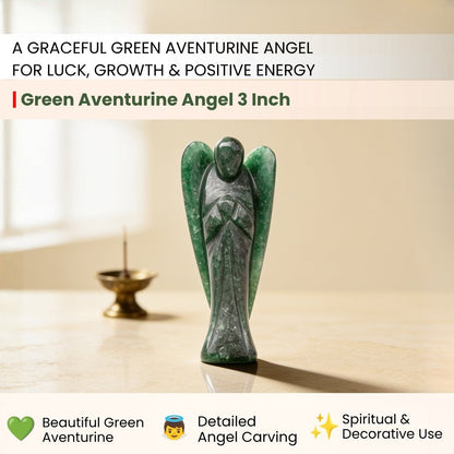 Close-up of delicate wing carvings and polished contours of Green Aventurine angel