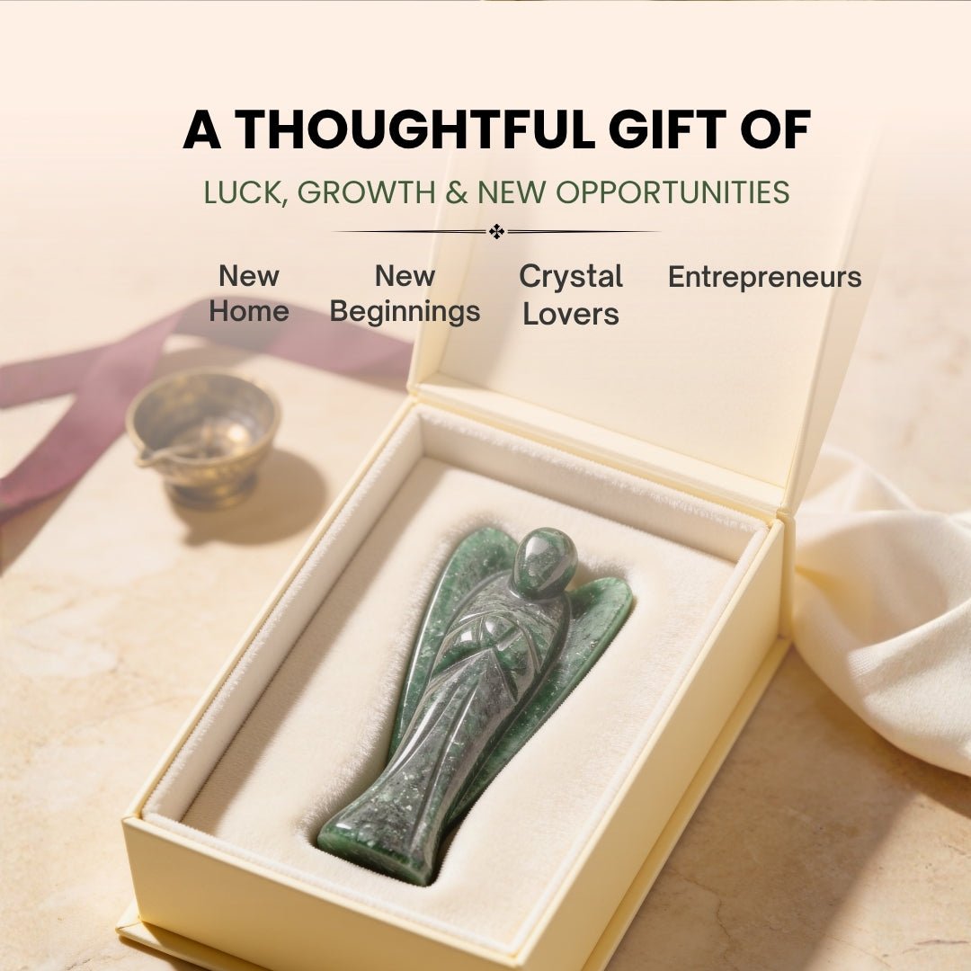 Green Aventurine prosperity angel placed near cash box or office desk for growth and luck