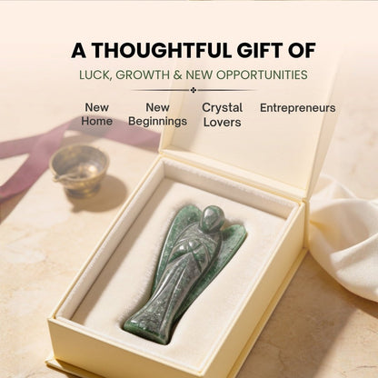 Green Aventurine prosperity angel placed near cash box or office desk for growth and luck