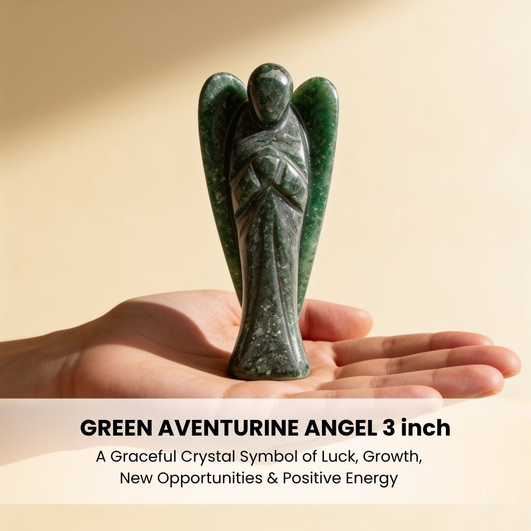 3 inch Green Aventurine guardian angel resting in adult palm for size reference