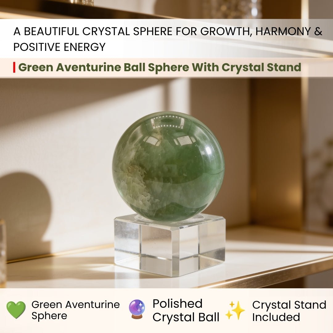 Green Aventurine Ball Sphere With Crystal Stand - plusvalueindia