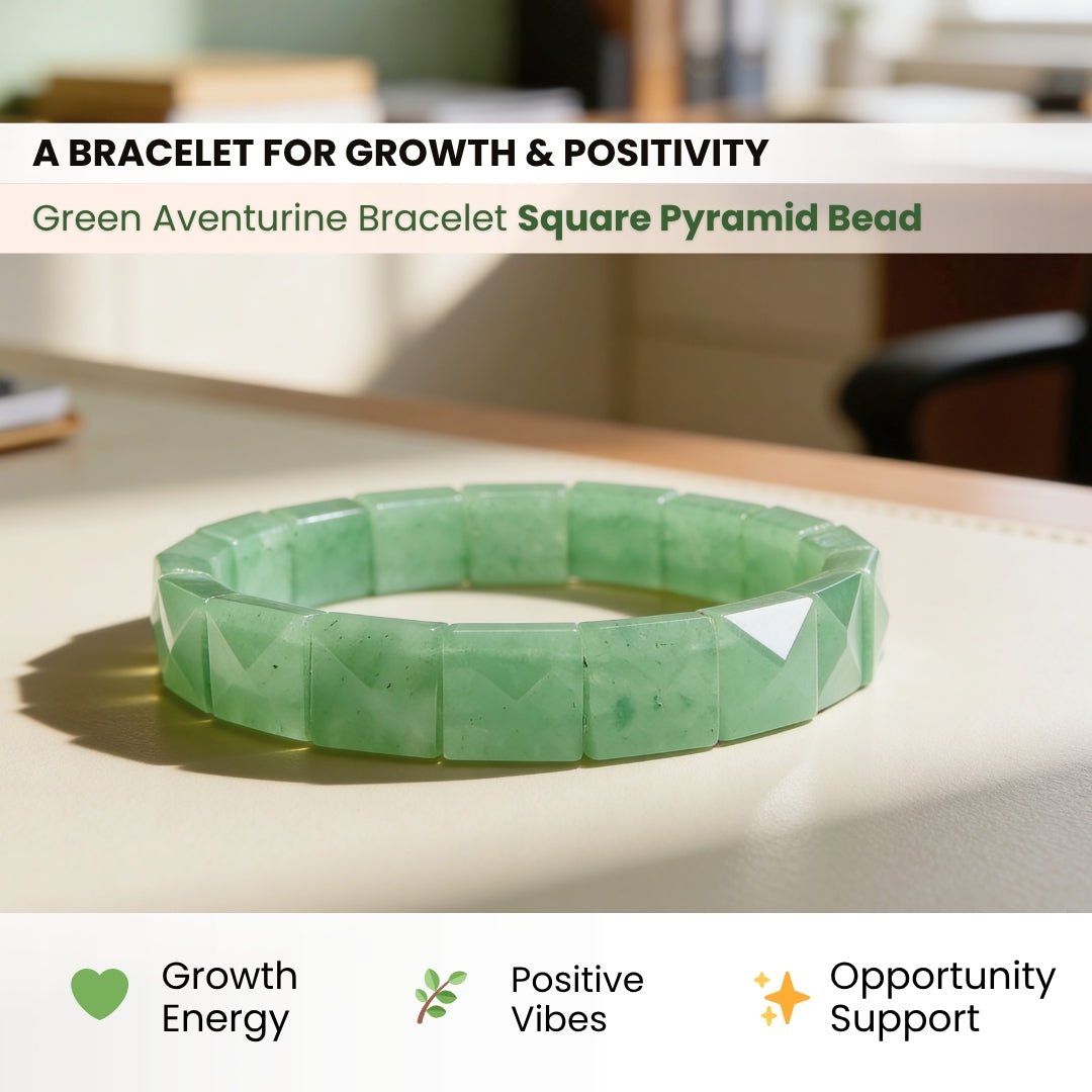 Green Aventurine Bracelet - Healing Crystal Pyramid Beads for Luck & Prosperity, Men & Women - plusvalueindia