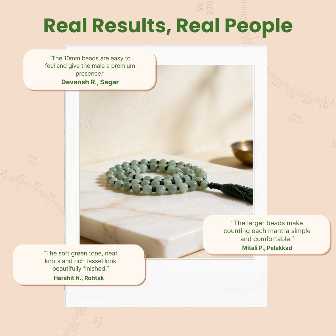 Overhead spiral arrangement of 108 large Green Aventurine beads beside a storage pouch