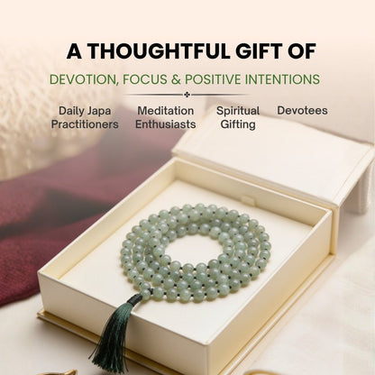 Substantial 10 mm Green Aventurine mala held in hand during mantra chanting and japa meditation