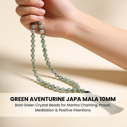 Prominent polished guru bead and matching green silky tassel finish on japa mala