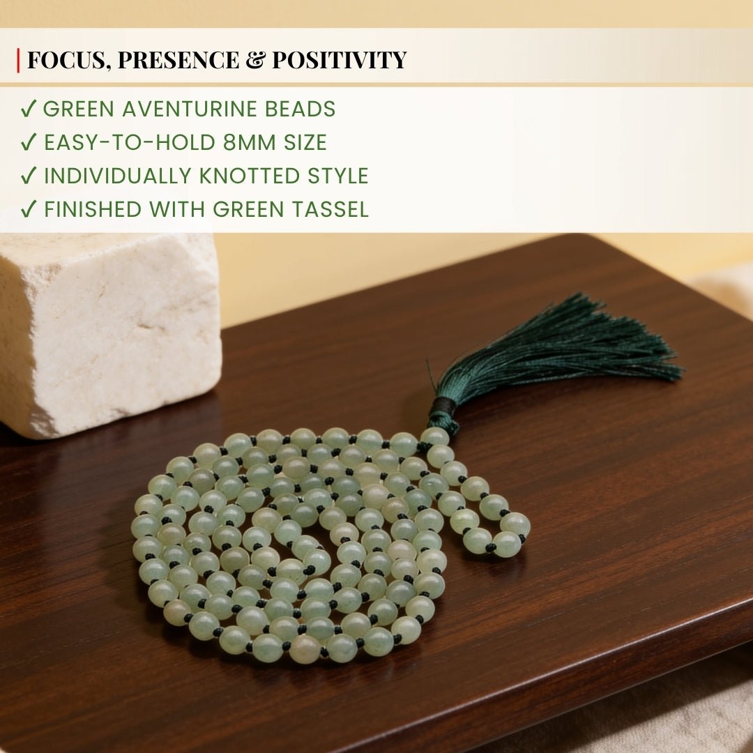 Traditional hand-knotted thread construction between 8 mm Green Aventurine beads