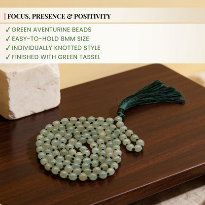 Traditional hand-knotted thread construction between 8 mm Green Aventurine beads