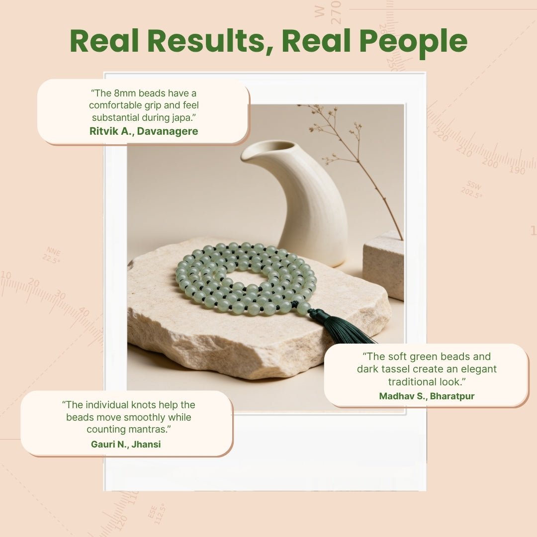 Overhead spiral arrangement of 108 Green Aventurine beads beside a protective storage pouch