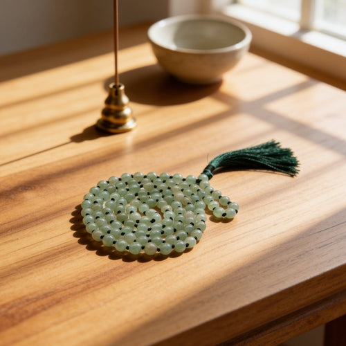 Natural Green Aventurine 8 mm japa mala necklace with 108 beads and tassel