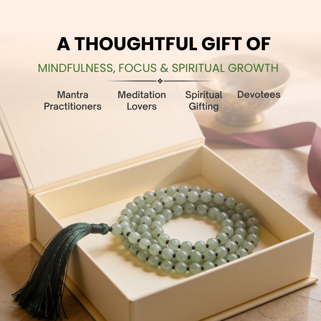 8 mm Green Aventurine mala held in fingers during mantra chanting and meditation