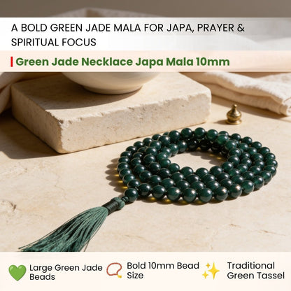 Close-up of 10 mm polished Green Jade beads showing deep green stone patterns and smooth gloss