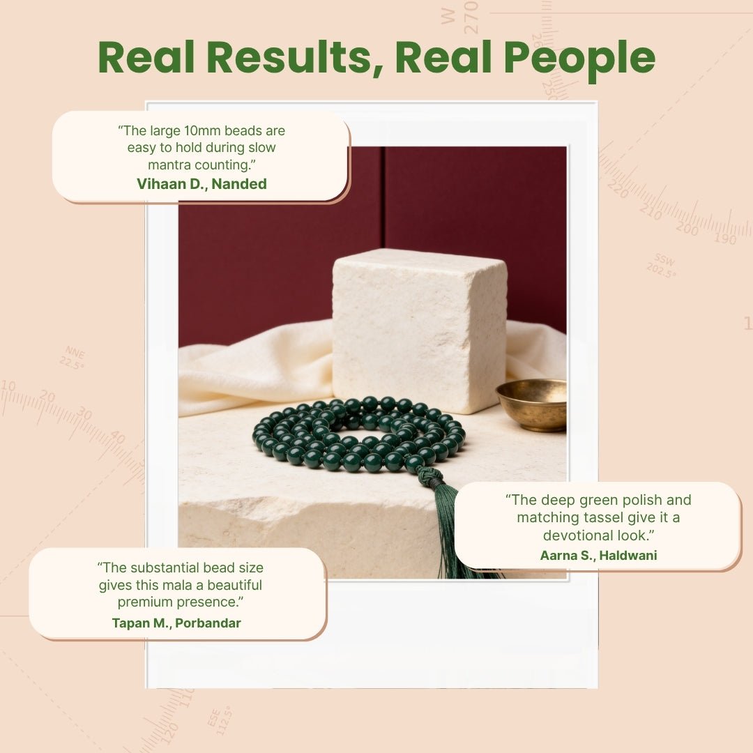Overhead spiral arrangement of 108 large Green Jade beads beside a protective storage pouch