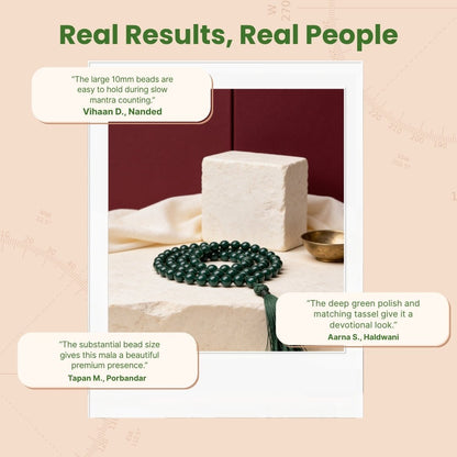 Overhead spiral arrangement of 108 large Green Jade beads beside a protective storage pouch
