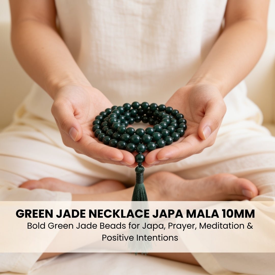 Carved Green Jade guru bead and matching green silky tassel finish on japa mala