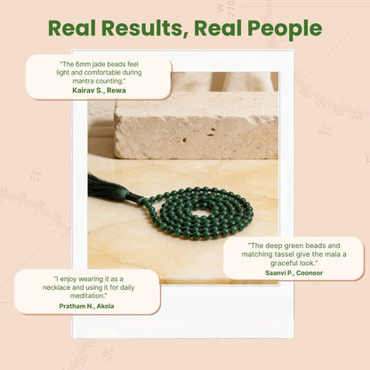 Overhead spiral arrangement of 108 Green Jade beads beside protective storage pouch