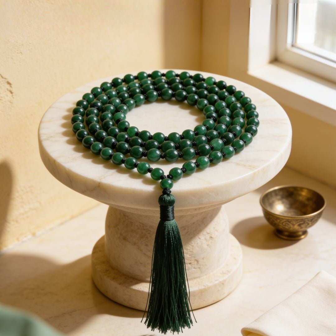 Natural Green Jade 6 mm japa mala necklace with 108 beads and tassel