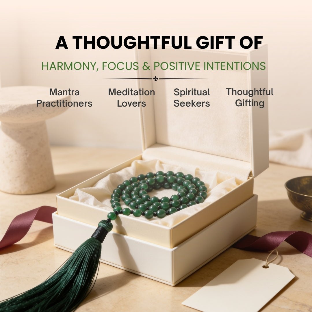 6 mm Green Jade mala held in fingers during heart-centering mantra chanting meditation