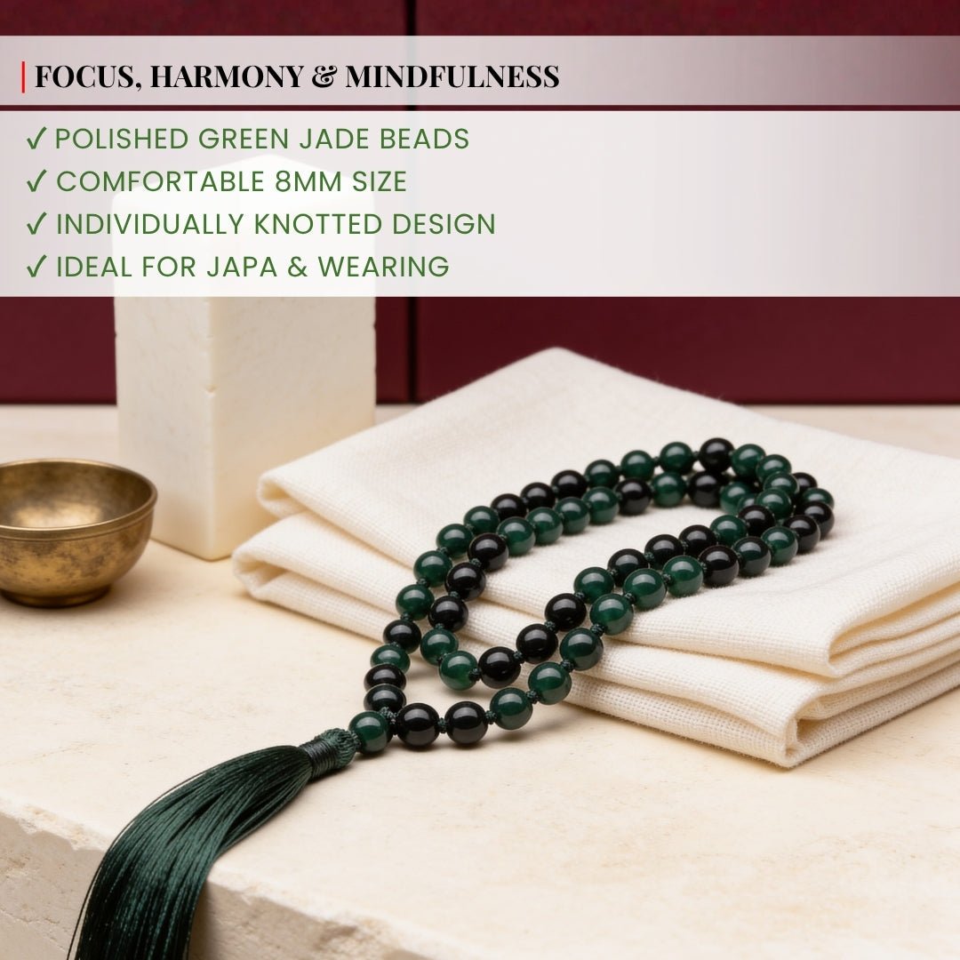 Traditional durable hand-knotted thread construction between 8 mm Green Jade beads