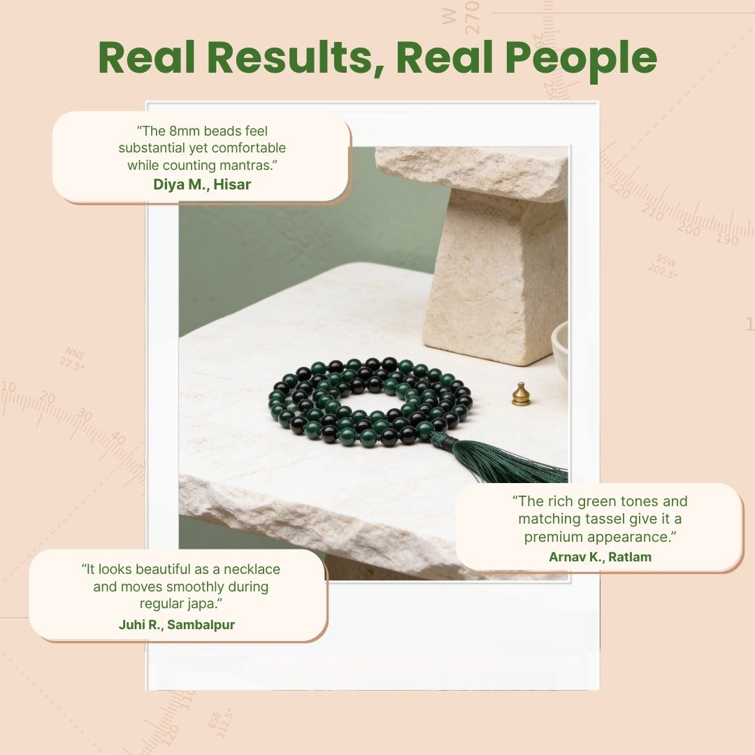 Overhead spiral arrangement of 108 Green Jade beads beside protective drawstring storage pouch