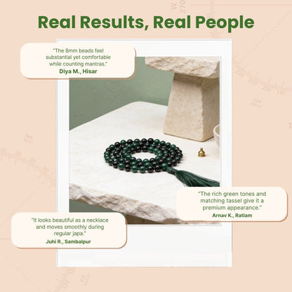 Overhead spiral arrangement of 108 Green Jade beads beside protective drawstring storage pouch