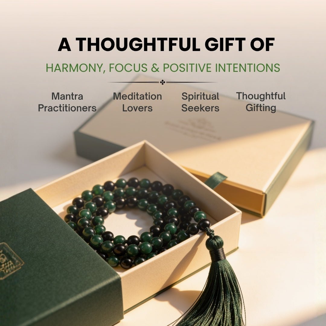 8 mm Green Jade mala held in fingers during heart-centering mantra chanting and meditation