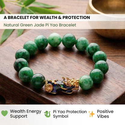 Green Jade Pi Yao Bracelet - Feng Shui Crystal for Wealth, Prosperity & Luck, 12mm Beads - plusvalueindia