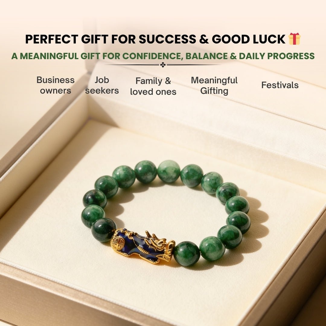 Green Jade Pi Yao Bracelet - Feng Shui Crystal for Wealth, Prosperity & Luck, 12mm Beads - plusvalueindia