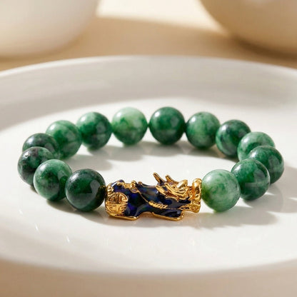 Green Jade Pi Yao Bracelet - Feng Shui Crystal for Wealth, Prosperity & Luck, 12mm Beads - plusvalueindia
