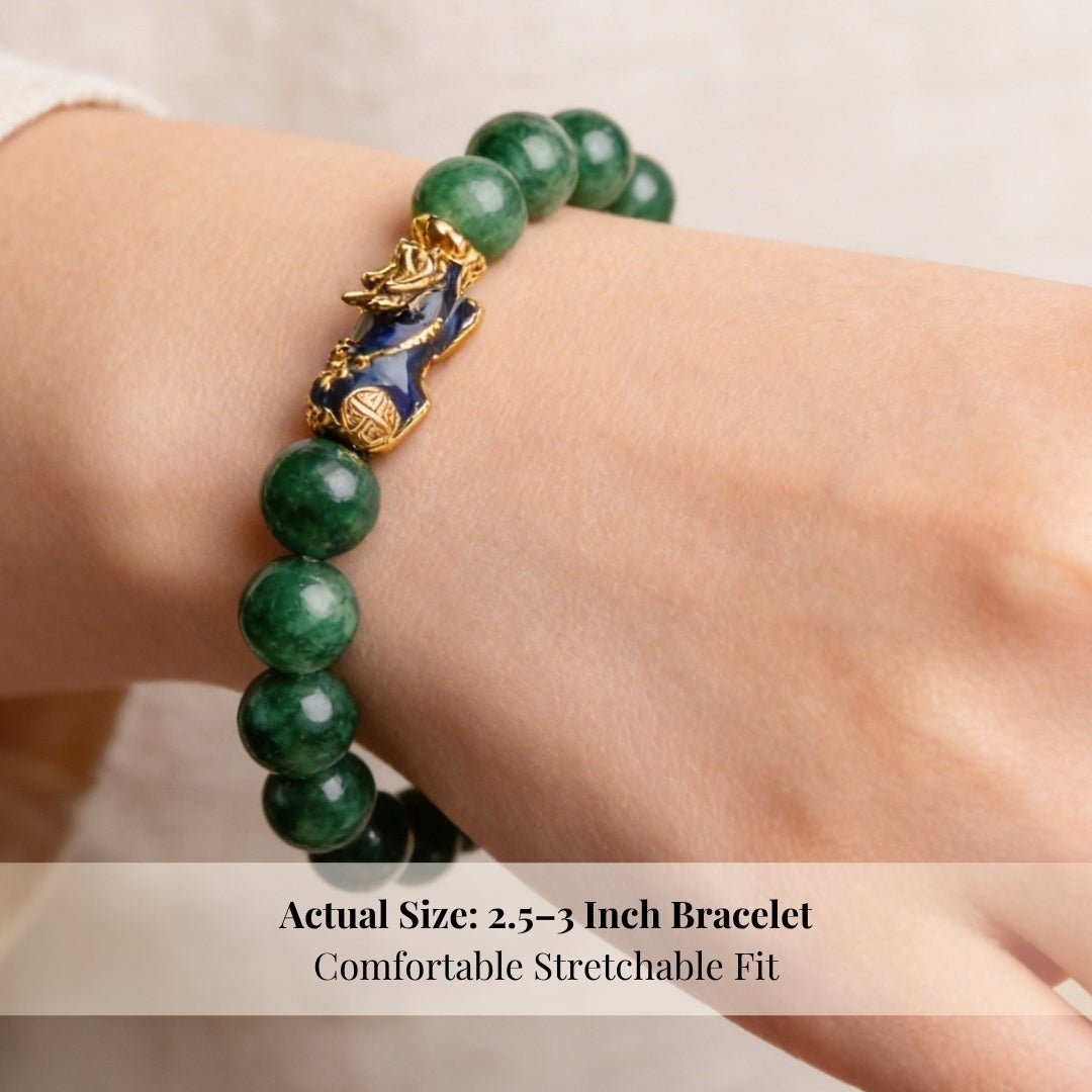 Green Jade Pi Yao Bracelet - Feng Shui Crystal for Wealth, Prosperity & Luck, 12mm Beads - plusvalueindia