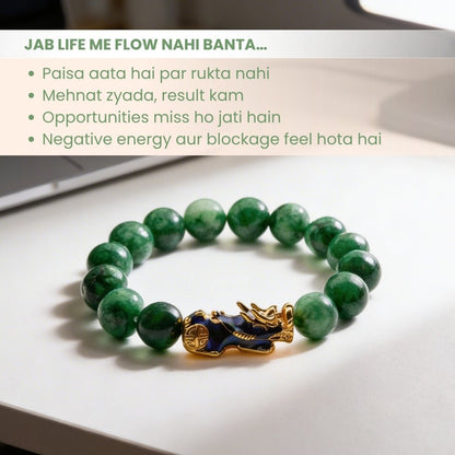 Green Jade Pi Yao Bracelet - Feng Shui Crystal for Wealth, Prosperity & Luck, 12mm Beads - plusvalueindia