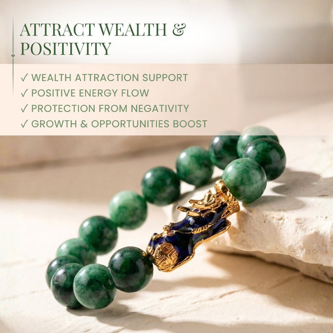 Green Jade Pi Yao Bracelet - Feng Shui Crystal for Wealth, Prosperity & Luck, 12mm Beads - plusvalueindia