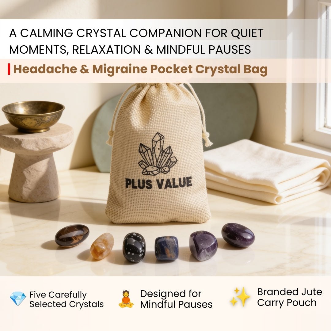 Headache relief crystal collection featuring Amethyst, Clear Quartz, Lapis Lazuli, and Rose Quartz