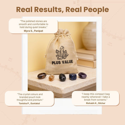 Soft drawstring storage pouch with headache relief crystal stones packed for daily use