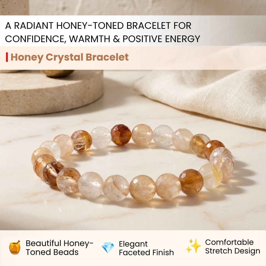 Close-up of polished natural honey crystal beads showing warm golden amber hues