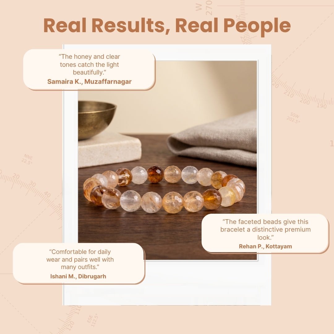 Honey crystal healing bracelet presented with soft storage pouch and gemstone info card