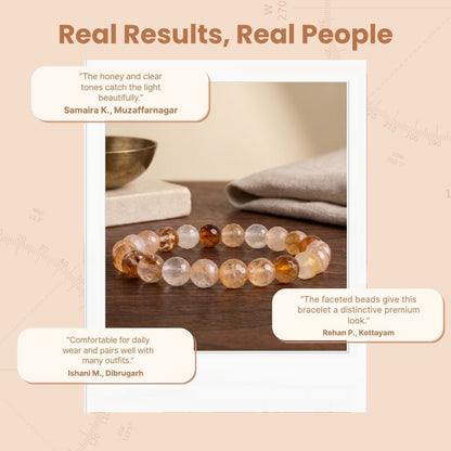 Honey crystal healing bracelet presented with soft storage pouch and gemstone info card