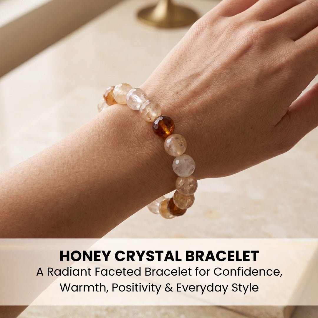 Polished honey crystal bead bracelet worn on wrist for sizing reference and stack styling