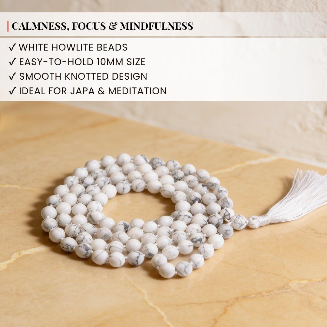 Traditional heavy-duty hand-knotted cord construction between large 10 mm Howlite beads
