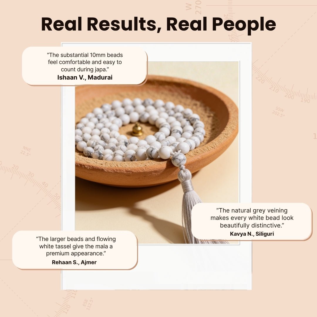 Overhead spiral arrangement of 108 large White Howlite beads beside a protective storage pouch