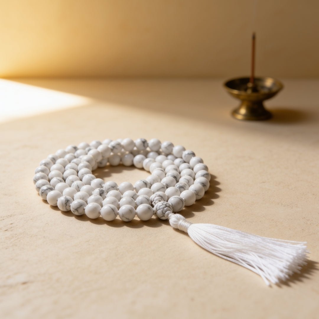 Natural White Howlite 10 mm japa mala necklace with 108 large beads and tassel